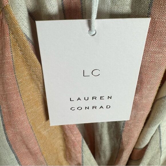 Lauren Conrad blush orange and tan linen ruffle faux wrap dress size medium NWT - Picture 8 of 10